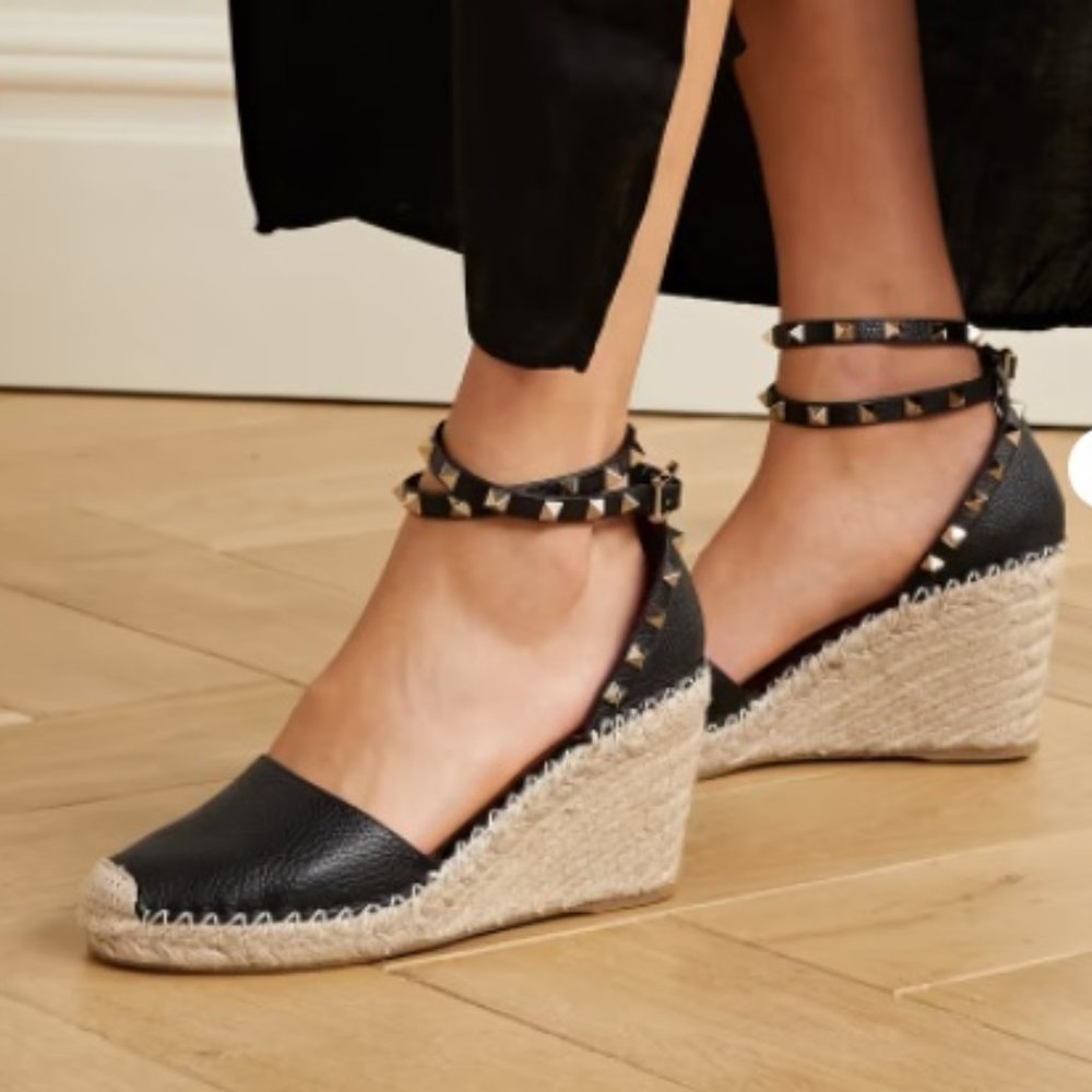 Authentic Valentino Rockstud Black Leather Wedge Espadrilles - Size 37